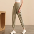 Women's high waist olive green jogger pants with elastic cuffs for yoga and running - S / Medium Khaki