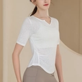 T-shirt de yoga blanc pour femme avec col en V, fronces latérales et tissu respirant - Blanc