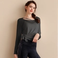 Camiseta de yoga gris oscuro de manga larga con escote asimétrico y lazo en la cintura - S / Negro