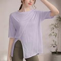 T-shirt de sport femme en Tencel lilas avec fente asymétrique pour le yoga et le fitness - Mauve Clair