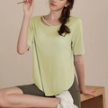 Slim fit light green yoga t-shirt with cross neckline and split hem design - Yellow