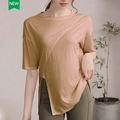 T-shirt de sport ample pour femme coloris abricot avec ourlet asymétrique pour yoga - Rose cannelle