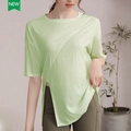 T-shirt de yoga vert clair à manches courtes avec ourlet fendu asymétrique pour femmes - Vert Pomme