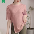 T-shirt de yoga rose à manches courtes avec ourlet fendu asymétrique et tissu respirant - Rose Poudré
