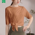 T-shirt de yoga marron pour femme avec nœud frontal et coupe ample décontractée - Beige