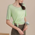 Slim fit light green tencel yoga t-shirt for women with cutout neck and knot detail - Apple Green