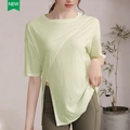 Light green short sleeve yoga t-shirt with asymmetric side slit for women's fitness - S / Light Yellow