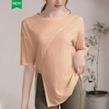 Women's light orange yoga T-shirt with irregular split hem and breathable fabric - S / Vibrant Orange