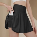 High-waisted black tennis skort with inner pocket for phone during sports fitness - S / Black