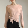 Women's pink long sleeve yoga top with loose breathable fabric and knotted waist detail - 4 (S) / Orange