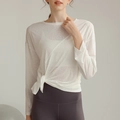 Women's white semi-transparent long sleeve yoga top with side knot and gray leggings - 4 (S) / White
