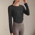 Women's jacquard breathable yoga long sleeve top and grey high waist leggings set - S / Black