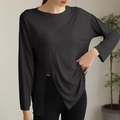Women's charcoal yoga top featuring long sleeves and unique cross-hem design details - 4 (S) / Black