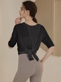 Women's black loose sports t-shirt with back tie design and high-waisted yoga pants - Black