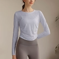 Light purple jacquard yoga long sleeve shirt with side ruching and breathable fabric - S / Blue