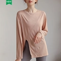 Haut de yoga ample en tencel beige avec ourlet asymétrique et manches longues - Rose cannelle