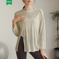 Haut de yoga ample beige clair à manches longues avec tissu respirant et fentes latérales - Khaki Clair