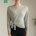 Haut de yoga à manches longues bleu clair pour femme avec nœud latéral élégant et respirant - Gris clair