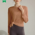 Haut de yoga à manches longues marron clair avec ourlet noué et tissu en tencel respirant - Brun Rouge