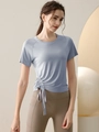 Women's light blue yoga top with drawstring side details and breathable short sleeves - Blue