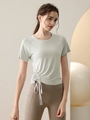 Women's light green drawstring workout top and high-waisted yoga pants set - Light Gray