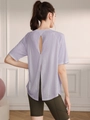 Women's back slit breathable lavender yoga t-shirt with high waist gym shorts set - Light Purple