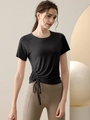 Women's black drawstring yoga t-shirt with brown high-waist fitness leggings - 8 (L) / Black