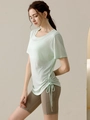 Dames yoga T-shirt lichtgroen van Tencel met trekkoord aan de zijkant en ademende stof - S / Lichtgroen