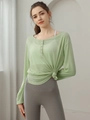 Loose fit sage green yoga cover-up top and high waist grey leggings sportswear set - S / Light Green