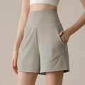 Women's high-waisted nylon sports shorts in grey-green with functional side pockets - S / Moon Rock Grey