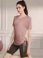 Women's light pink drawstring yoga t-shirt with olive green high-waist cycling shorts - Dusty Pink