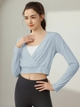 Elegant light blue wrap V-neck yoga long sleeve top with breathable textured fabric for women - S / Tops / Blue