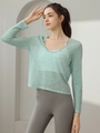 Mint green loose crop top yoga shirt long sleeve workout blouse for women - S / Tops / Blue