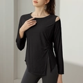 Women's black asymmetrical yoga top with shoulder cutout and side drawstring split hem - Black