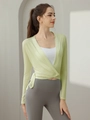 Slim fit wrap-around light green long sleeve yoga top with elegant crossover tie design - Yellow