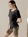 Women's black yoga t-shirt with side drawstring and beige cycling shorts sport set - Black