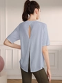 Light blue moisture-wicking yoga top with stylish back slit and cutout detail - Light Blue