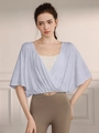 Light blue jacquard yoga top with breathable batwing sleeves and cross-wrap design - Light Blue