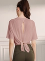 Short sleeve pink yoga top with an open back tie design and breathable mesh fabric - Dusty Pink