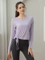 Lavender long-sleeve yoga top with drawstring side ruching and breathable slim fit - S / Purple