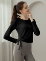 Slim fit black long sleeve yoga top with side drawstring details and round neckline - S / Tops / Black