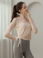 Slim fit long sleeve yoga top with side drawstrings and high waist leggings for gym workout - S / Pink