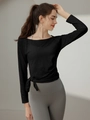 Women's black long sleeve yoga top with breathable jacquard texture and side knot detail - S / Black