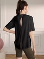 Women's black yoga t-shirt featuring breathable fabric and back slit detail - Black