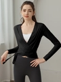 Slim fit black wrap yoga top with long sleeves and cross-tie design for fitness - Black