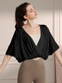 Women's black loose jacquard yoga cover up with batwing sleeves and V-neckline - Black