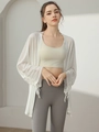 Women's breathable white yoga jacket with mesh long sleeves and drawstring cuff details - White