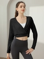 Women's black V-neck jacquard long sleeve yoga top layered with white sports vest - S / Tops / Black