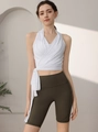 White halter neck jacquard yoga top with tie waist and olive green biker shorts set - S / White