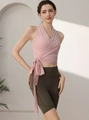 Set gilet yoga jacquard rosa con lacci e pantaloncini fitness verdi a vita alta - Rosa